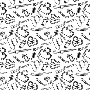 Doodle hand drawn girl fashion accessories and handbags seamless pattern. Sketch art shopping fashion background